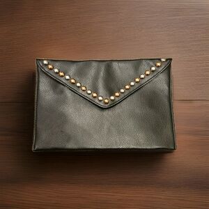 NWT B-Low The Belt Black Studded Vegan Pebbled Leather Clutch Purse Button Close